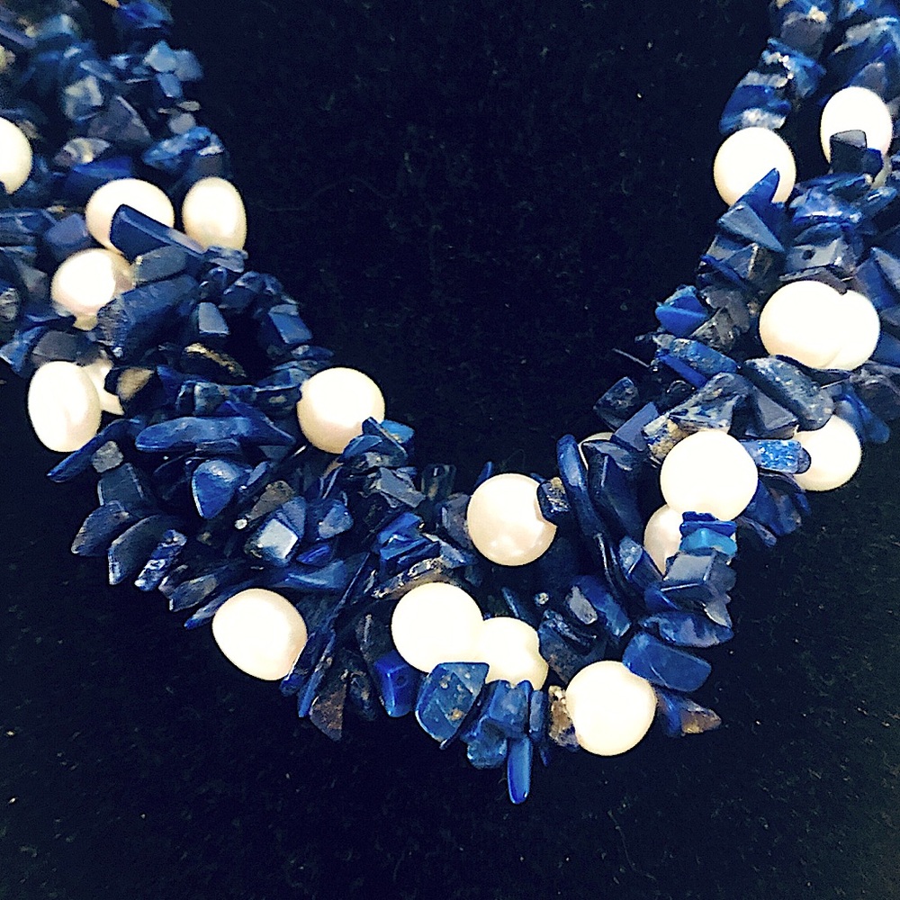 $96  5 Strand Estate Lapis and Pearl Necklace - Picture 5 of 6